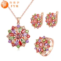 fym brand jewelry sets for women rose gold color multicolor aaa cubic zircon earringnecklacering flower set choose size ring