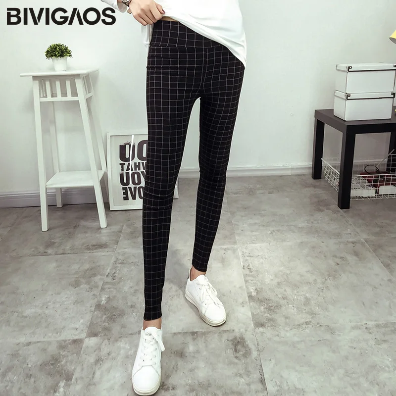 Plaid Black BIVIGAOS Для Досуг женщин s вертикальные полосы тонкий карандаш брюки узкие Штаны с высокой посадкой эластичные леггинсы из ткани брюки Для женщин черный белый цвет - Цвет: Plaid Black