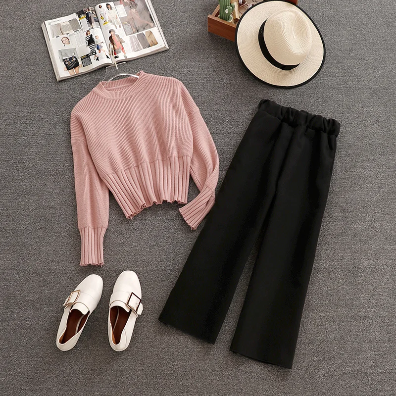 Новая мода осень зима 2 шт Наборы женский короткий свитер + шерстяные брюки костюмы элегантный пуловер Топы и