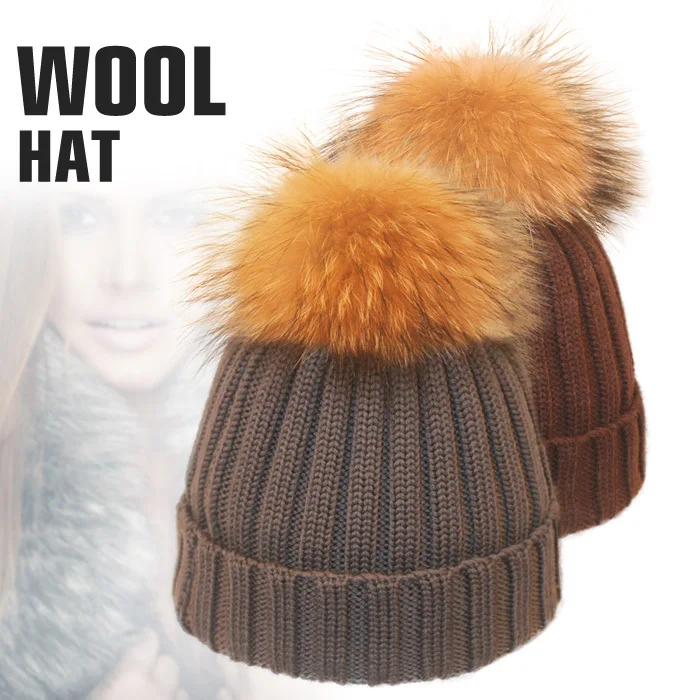 прикольные шапки Вяза вязаные Мягкая Марино шерсти шляпы с реальными мех енота