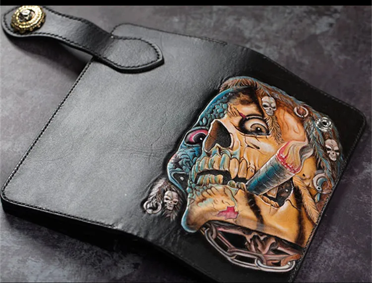 

High-end Handmade Wallets Carving Skeleton King Purses Men Long Clutch Vegetable Tanned Leather Wallet Card Holder