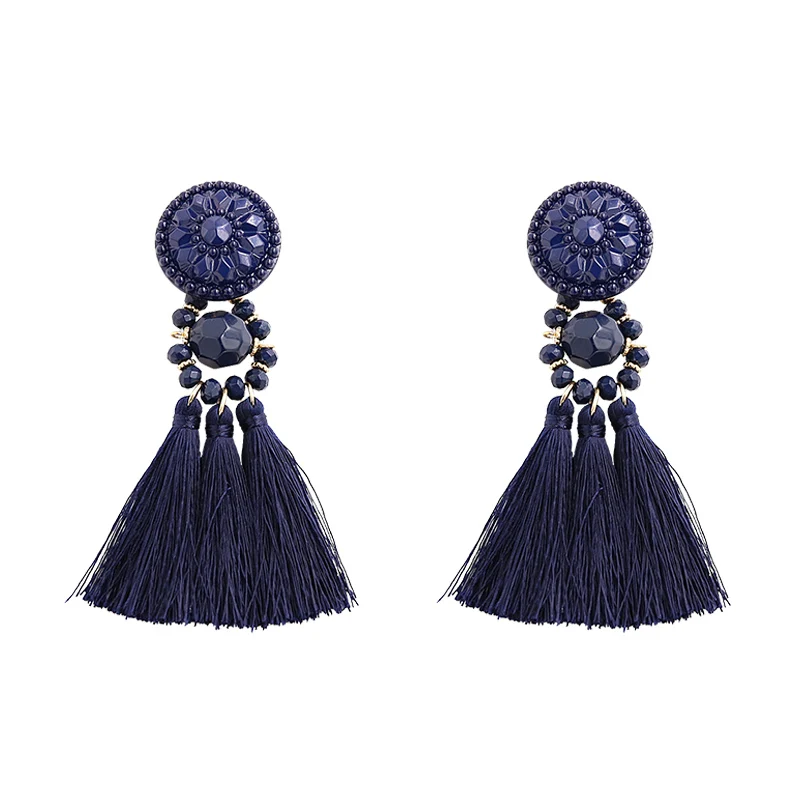 Dark blue Новые модные серебряные/Золотые сережки с кисточками для женщин, ручная работа, богемные Винтажные серьги с бусинами, этнические серьги-капли с бахромой, ювелирное изделие - Окраска металла: Dark blue