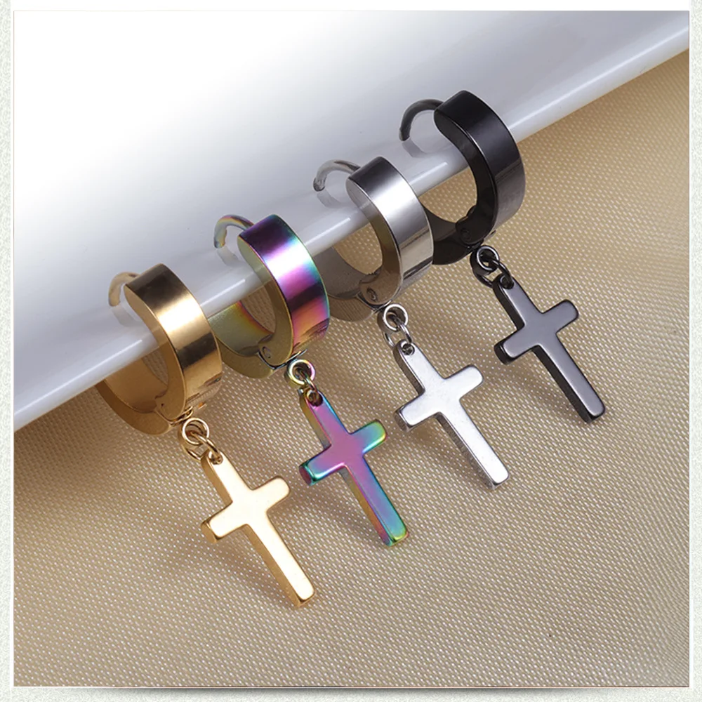 

4 Colors Titanium Steel Cross Stud Earrings for Men Women Jewelry Multicolor Black Gold Silver Color