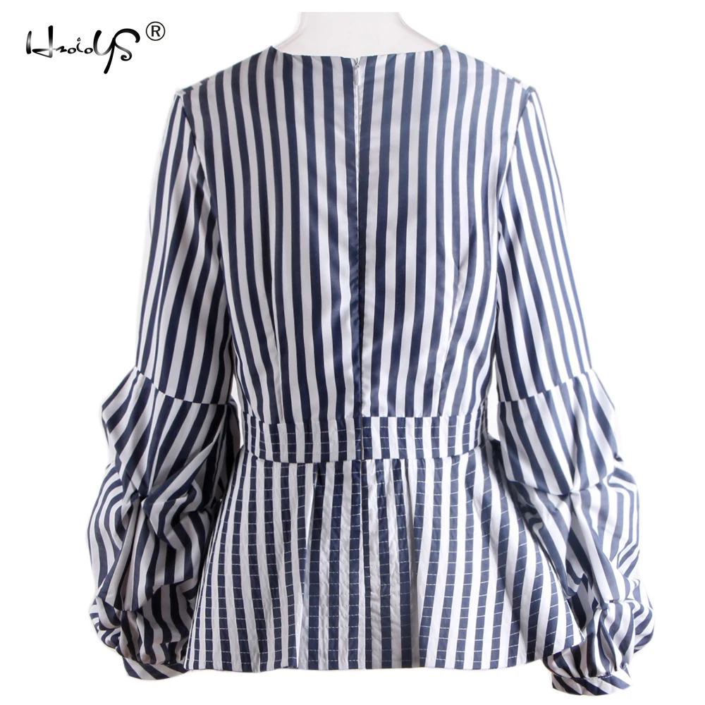 Женская Сексуальная Блузка с глубоким v образным вырезом сине белая полосатая