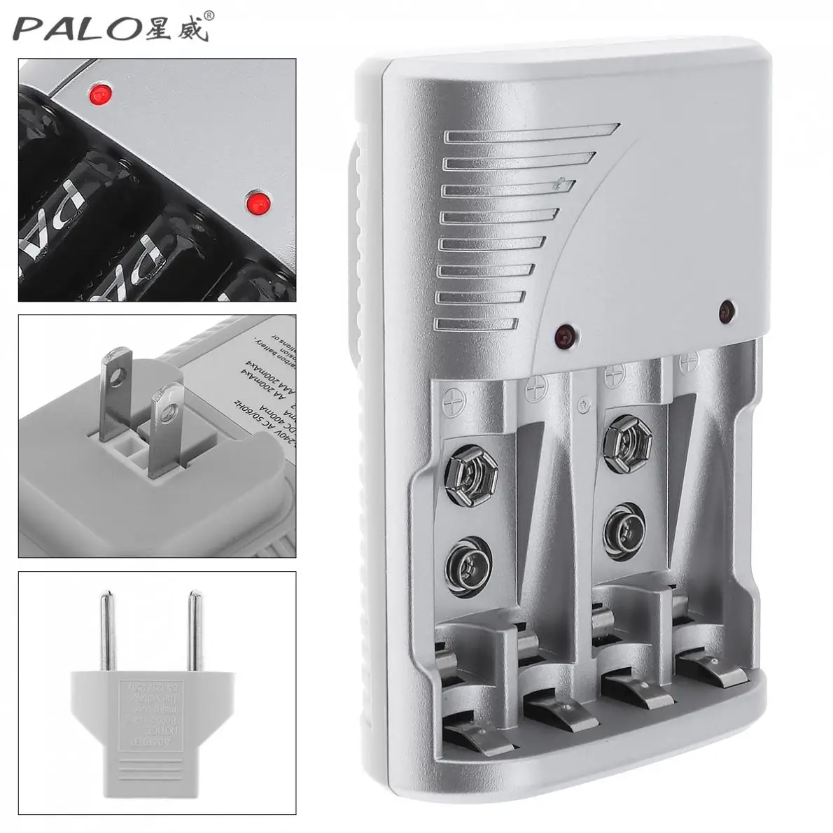 

PALO High Quality 4 Slots 1.2v 100-240V AC 50Hz AA AAA 9v (6F22)Nimh Ni-cd Led Indicator Battery Charger (battery not included)