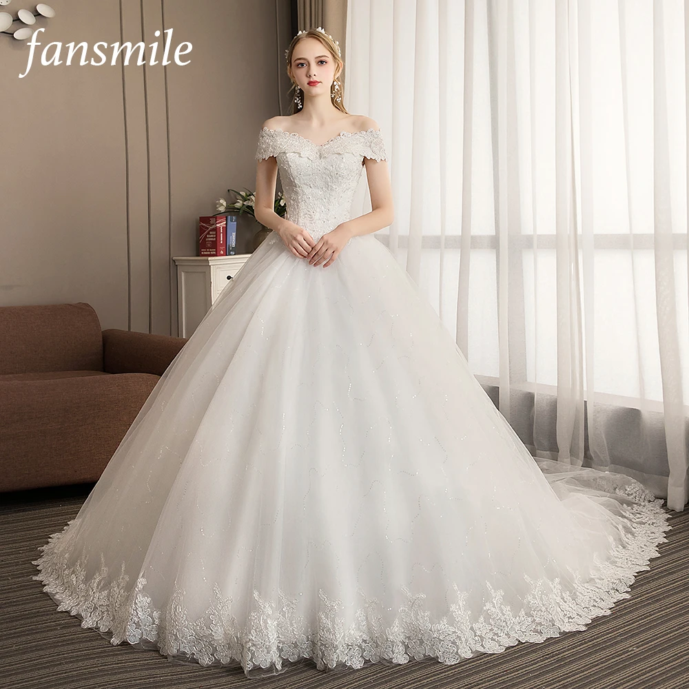 Fansmile Vestido De Noiva Элегантные Роскошные кружево свадебное платье Винтаж Бальные платья Поезд Плюс размеры индивидуальные FSM-516T