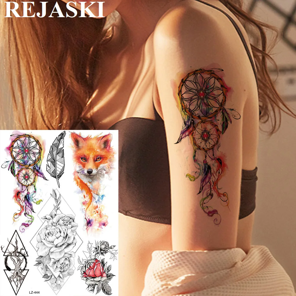 

REJASKI Dream Catcher Fox Geometric Temporary Tattoos For Women Sticker Rose Art Wrist Fake Tatoos Feather Custom Tattoo
