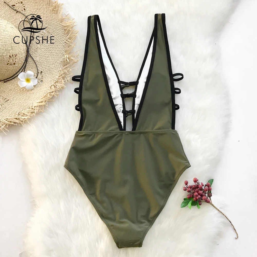 CUPSHE army green Strappy цельный купальник женский v образный вырез высокая нога