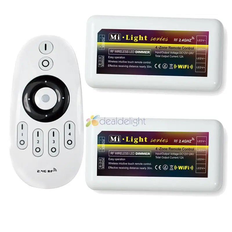 

2.4G DC12/24V 12A Wireless RF Remote + 2x 4-Zone Group LED Brightness Adjust Dimmer Controller with For Single Color Strip Light