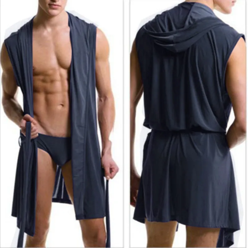 Summer Hoodie Bathrobe Casual/Sexy Gown For Men White/Black Elastic Belt Men's Polyester Sleeveless Cool Fashion Clothes NEWPjs