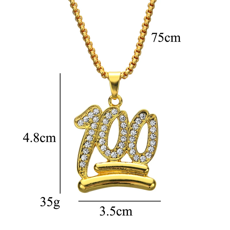Золотой Emoji 100 подвеска с логотипом Нержавеющая сталь Iced Out Bling со стразами и