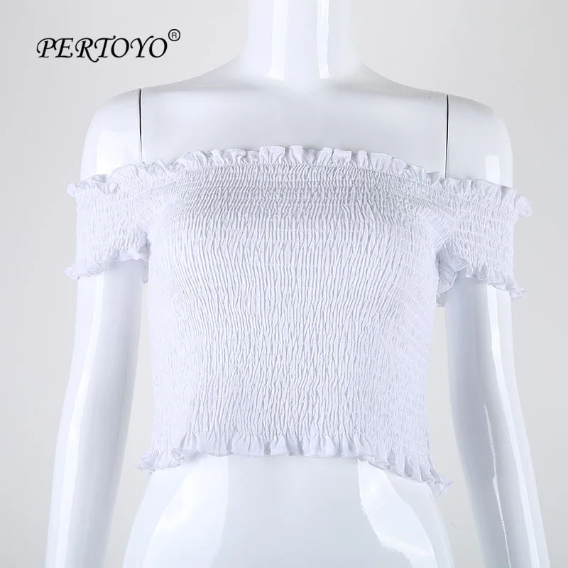 PERTOYO Off Shoulder Sexy Crop Top Women Slash Neck Short Sleeve Backless T-Shirt Cotton Slim Casual Tops For | Женская одежда