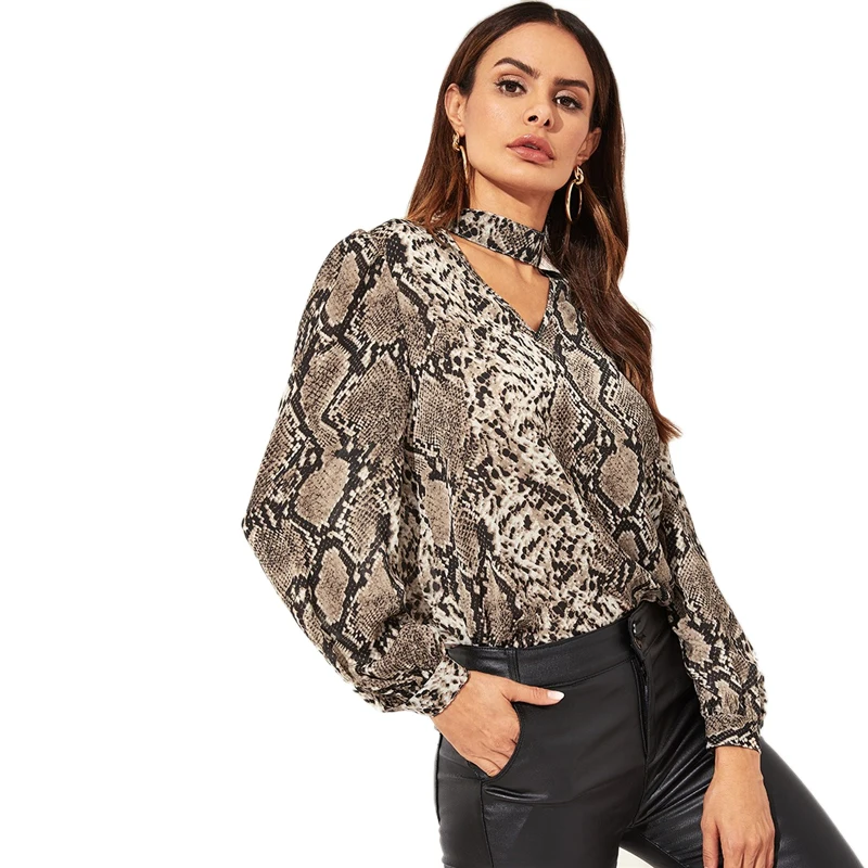 SHEIN модная повседневная разноцветная блузка с v-образным вырезом и животным узором, Женская Весенняя блузка с длинным рукавом