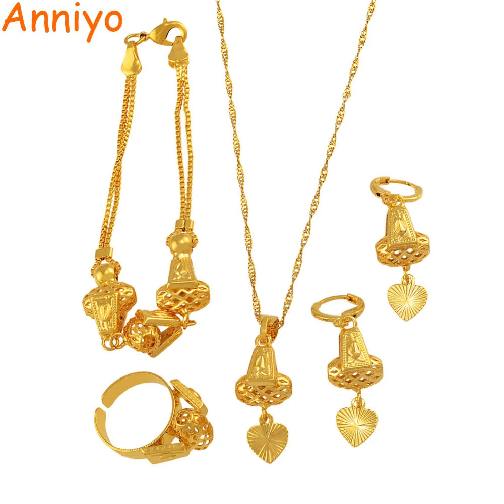 Anniyo Heart Jewelry set Necklace &amp Pendant Bracelet Earrings Ring Gold Color Chain Women Romantic Gift African Arab #053806 | Украшения