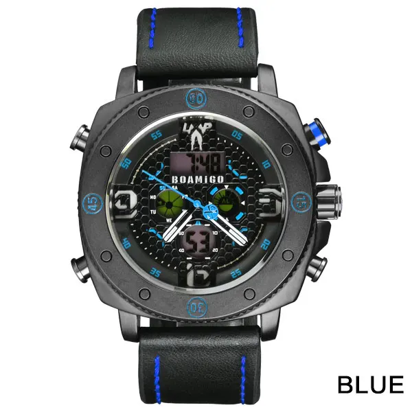 blue BOAMIGO Брендовые мужские спортивные часы модные кварцевые светодиодный цифровые наручные часы водонепроницаемые кожаные часы Reloj Hombre relogio masculino - Цвет: blue