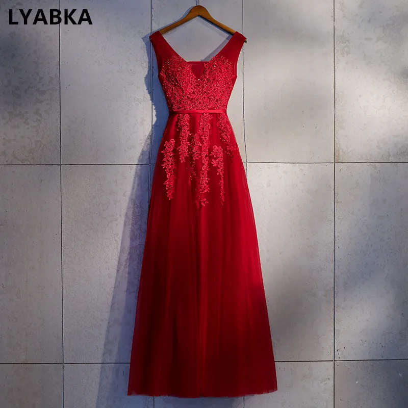 Вечернее платье с v-образным вырезом Robe De Soiree бордовый Тюль с вечерние платья с аппликацией длинное платье настоящая фотография vestido de festa
