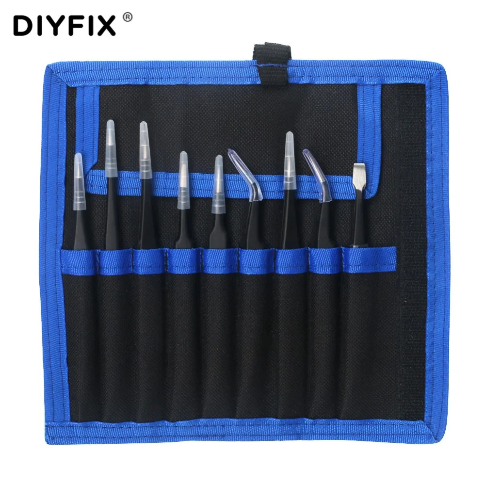

DIYFIX 9 in 1 ESD Precision Stainless Steel Tweezers Set Anti Static Repair Tools Kit for Electronics Phone Repairing BGA Work