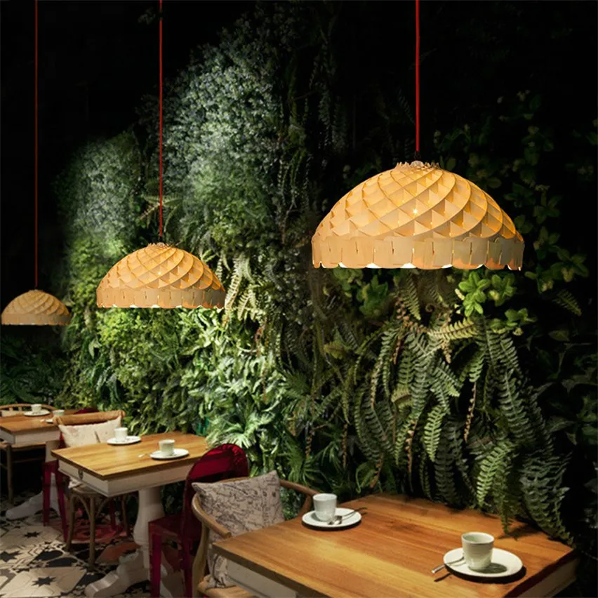 

Modern Creative Simple Wooden Lamps Pendant Lights Restaurant Bar Coffee Dining Room Wood Lampshade LED Hanging Light Fixture