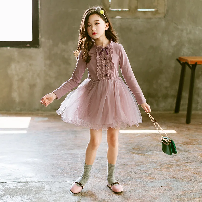 Girls Long Sleeve Dress for Teens Kids Tulle Children Lace Dresses Fashion Vestido Infantil Spring Autumn 4 6 Girl Clothes | Детская