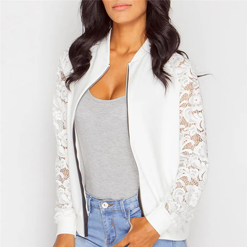 

Women Jackets New Arrival Autumn Ladies Solid Lace Stitching Baseball Jacket Stand Collar Bomber Coat Outwear Plus Size