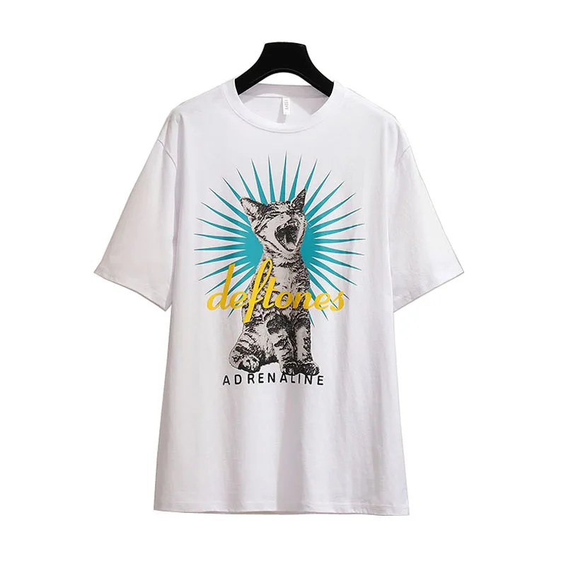 

PERHAPS U Women T Shirt Tee Top Short Sleeve Oversize Cat Print Punk Rock And Roll B0360