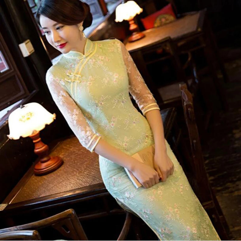 Chinese Women Satin Cheongsam Lace Long Dress Qipao China Oriental Embroidery Dresses Traditional Cheongsams | Тематическая одежда
