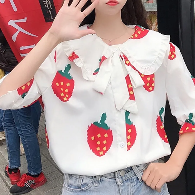 

Sweet Women's Strawberry Printing Blouse Cute Peter Pan Collar short Sleeve Loose Shirt Tops 2019 Women Fashion Korean