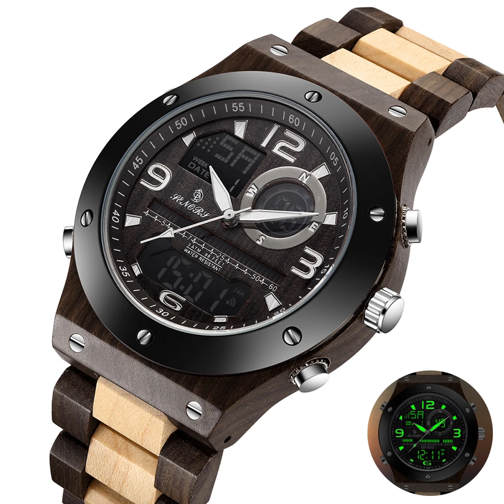 Натуральные Деревянные Мужские часы наручные с двойным дисплеем цифровые Relogio