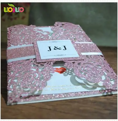 glitter rose gold Роскошная лазерная резка Блестящая серебряная бумага 3d Пригласительные открытки для свадьбы персонализированная печать со стандартным конвертом - Цвет: glitter rose gold