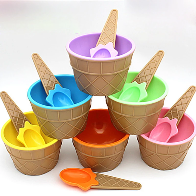 Модные мороженое социальных вафельный конусообразная чаша с ложкой набор для