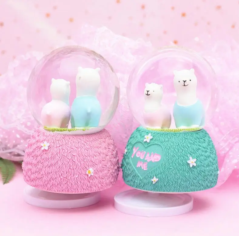 YM 802 Creative gifts little sheep cute Alpaca cartoon crystal ball external rotating water polo music box decoration | Дом и сад