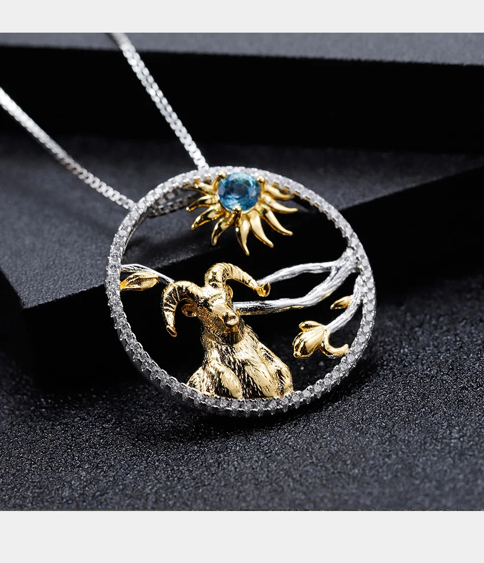 GEM'S балет 12 зодиака животных Ювелирные изделия натуральный Швейцарский Голубой Топаз 925 пробы серебро овца медальон в форме солнца ожерелье для женщин