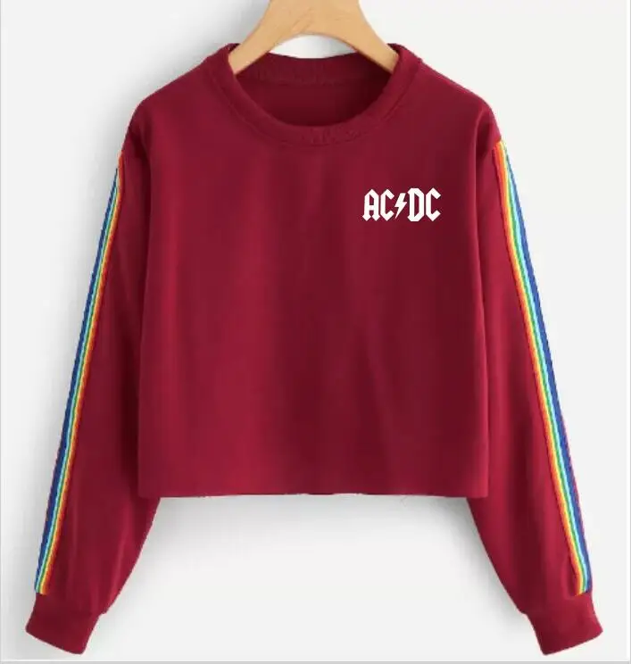 Fashion temperament women's ACDC round neck long-sleeved T-shirt clock short rainbow stripes streetwear | Женская одежда