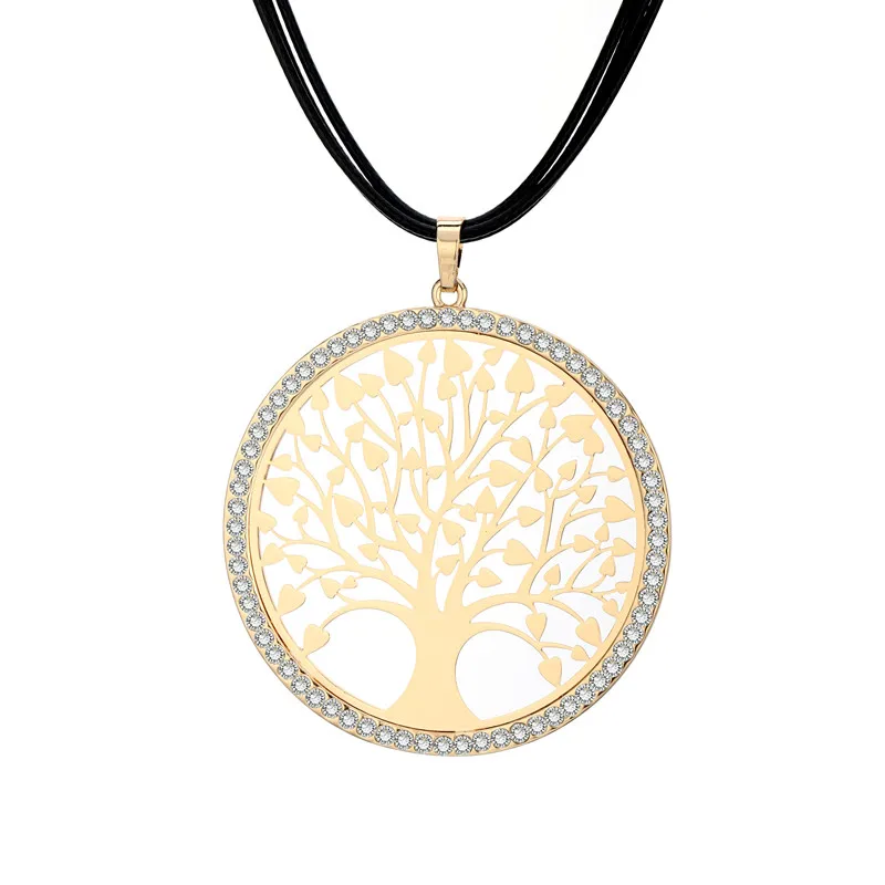 Gold Color Серебряный Круглый Дерево жизни Цепочки и ожерелья для Для женщин Кристалл полые кулон Цепочки и ожерелья три черные кожаные цепи длинный свитер цепи подарок - Окраска металла: Gold Color