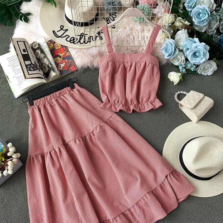 ALPHALMODA/ летний укороченный топ+ юбка трапециевидной формы, женский милый комплект из 2 предметов, куртка и юбка в клетку с высокой талией