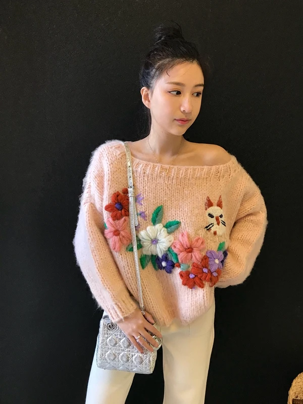 

2020 Full Poncho Jumper Pullover Spring New Women's Sweater Garden For Cat Embroidery Mohair Heavy Work Leaking Shoulder Women