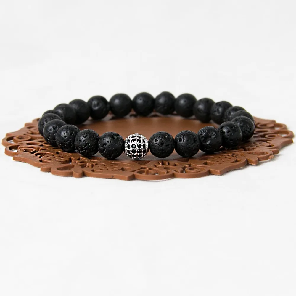 Black Lava Stone Bracelet with Micro Pave CZ Cubic Zirconia Disco Beads Bracelets Pulseras Men Women | Украшения и аксессуары