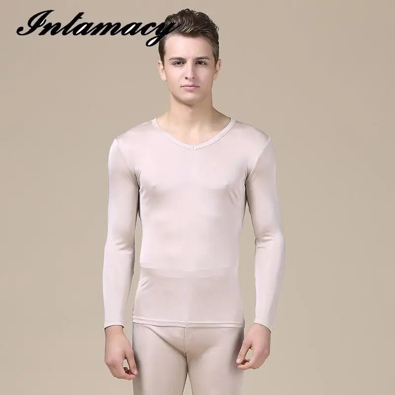 The New Man V Collar 100% real Silk Knitting Underwear Suits Long Johns