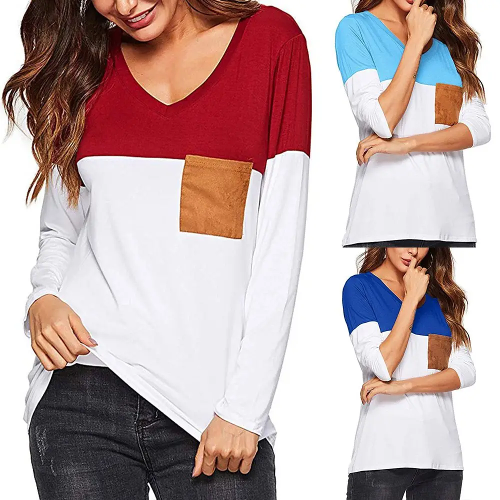 Женская сращивания цвет с длинным рукавом плюс размеры пуловер более s V образным