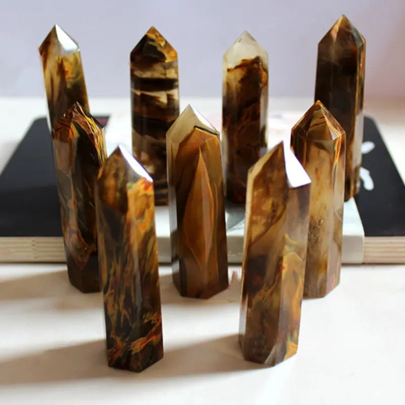 7-9cm Natural Crystal Striped Tiger Skin Hexagonal Prism 6-9CM Crystal Stone And Minerals FishTank Stone Healing Hexagonal Gemstone - Цвет: 7-9cm