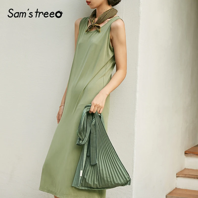 Samstree Vogue, летние сексуальные женские платья на бретелях, одноцветные, с круглым вырезом, до середины икры, с Боковым Разрезом, без рукавов, женские платья