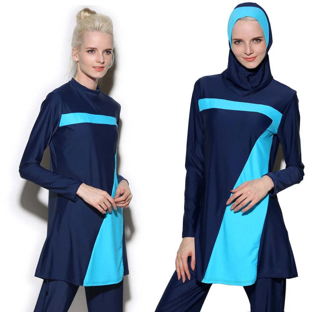 Burkini Мусульманский купальник Цвет блокируется длинная ткань для плавания