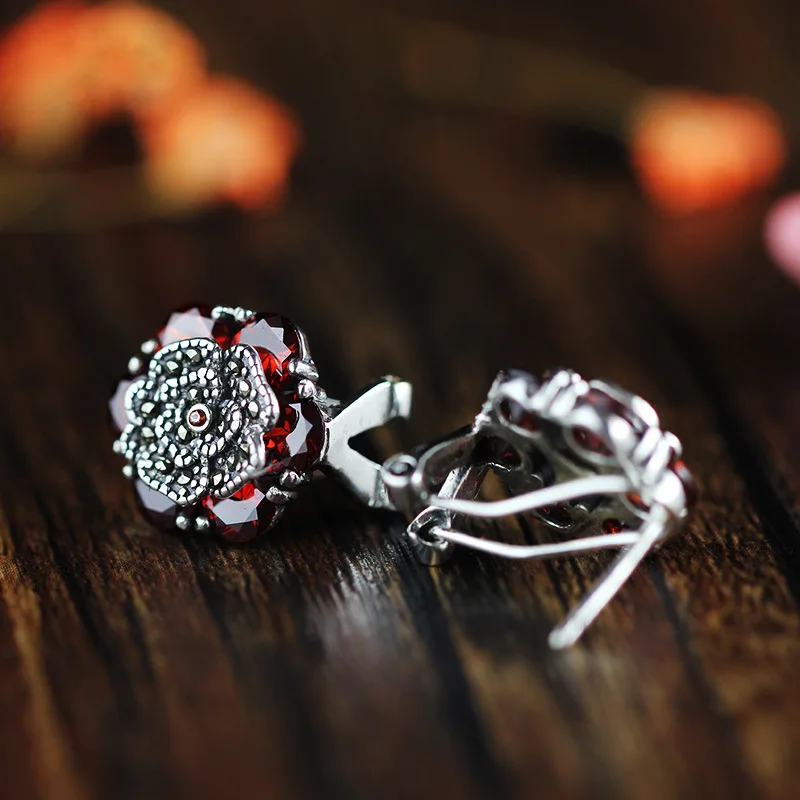 Natural Red Garnet Stud Earrings Female Fine Flower Mother Gifts Jewelry 100% 925 Sterling Silver For Women SE56 | Украшения и