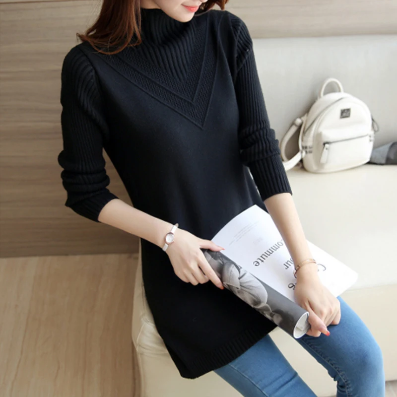 Женский зимний теплый свитер вязаный длинный Однотонный с высоким воротом