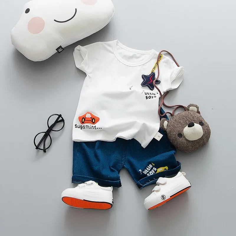 Summer Baby Boys Clothes Short Sleeve Car Star Print Tops Blouse T-shirts+Denim Shorts Pants Casual Outfits Sets 2019 |