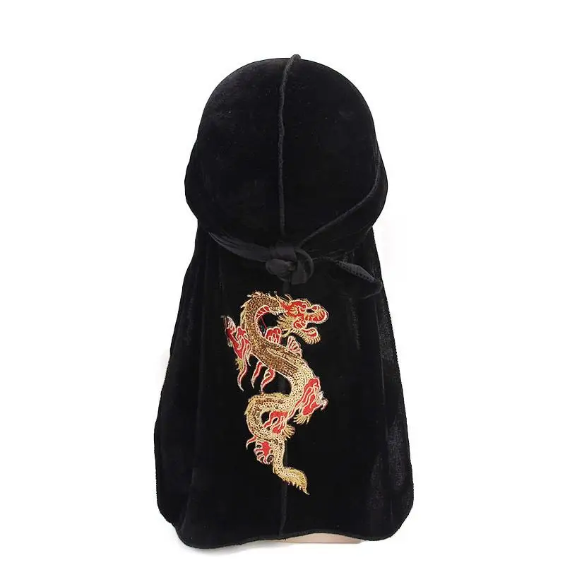 12PCS Long Tail Pirate Head Cap Fashion Dragon Pattern Velvet Elastic Durag Headwrap Women and Men Turban Bandanas Random Color
