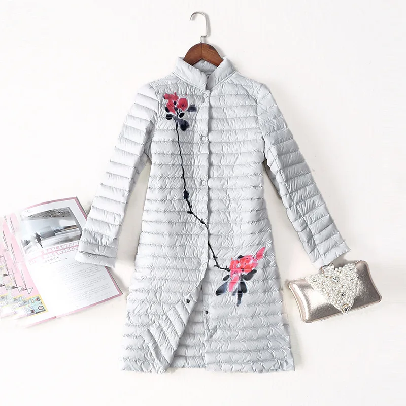 CIVICHIC Top Grade Woman Hand Painted Light Down Jacket Vintage Flower Long Winter Warm Coat Mid Slim Eiderdown Wear DC546 | Женская