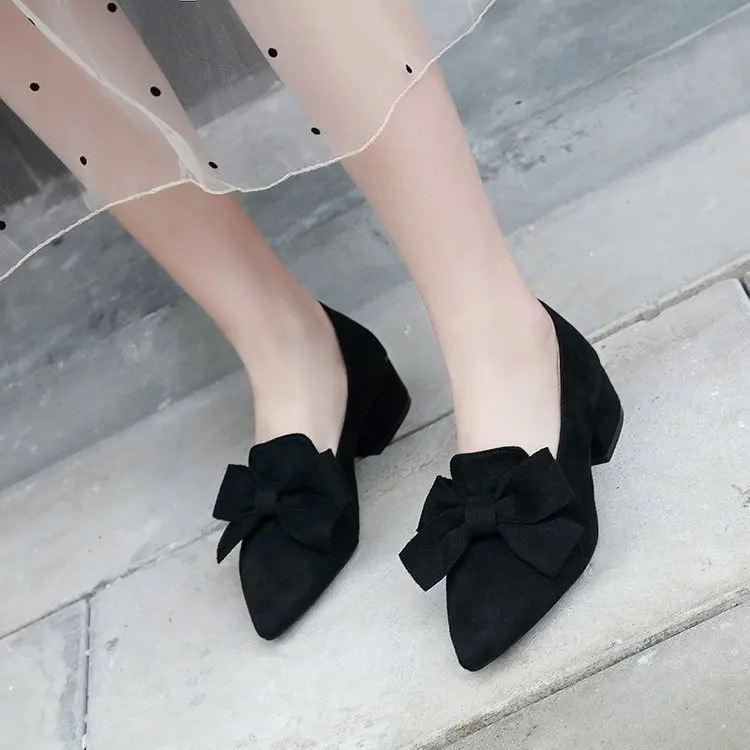 EOEODOIT/ весенне-осенние туфли-лодочки с острым носком на квадратном каблуке средней высоты; женские туфли без застежки с закрытым носком и большим бантом; обувь из органической кожи