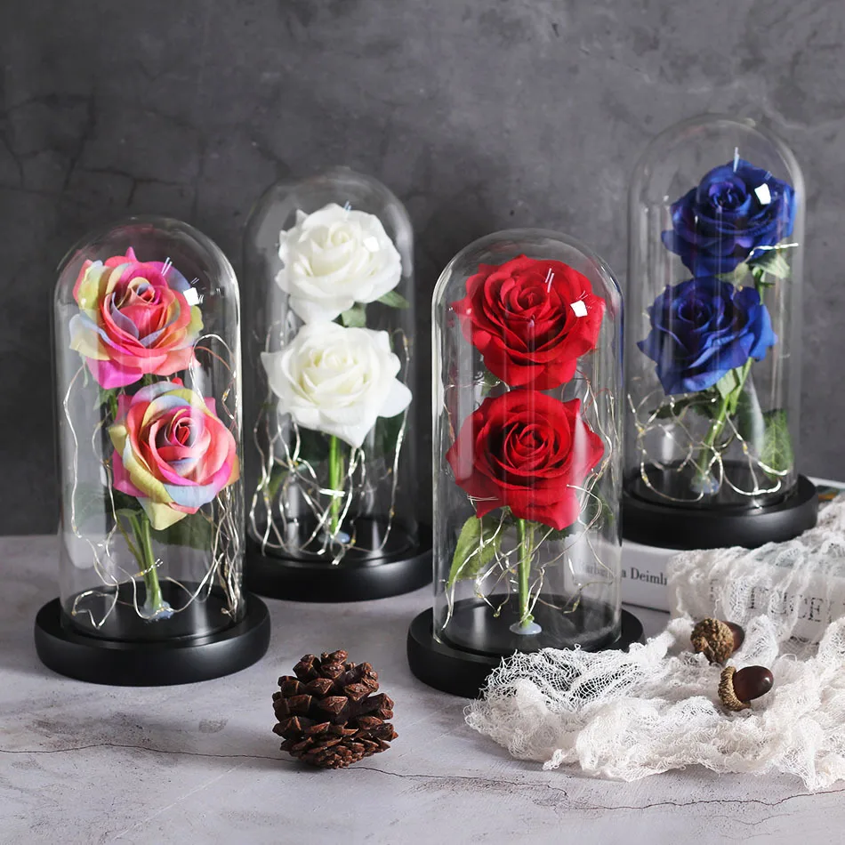 NEW Beauty And Beast Eternal Flower Rose In Flask Wedding Decoration Artificial Flowers In Glass Cover For Valentine's Day Gifts