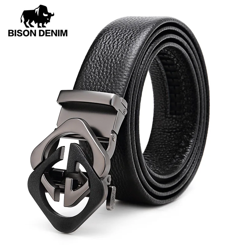 BISON DENIM, автоматическая пряжка, мужской ремень, коровья кожа, натуральная кожа, роскошный ремень, мужской, золотой, черный, металлическая пряжка, модный ремень для мужчин N71485 - Цвет: Черный